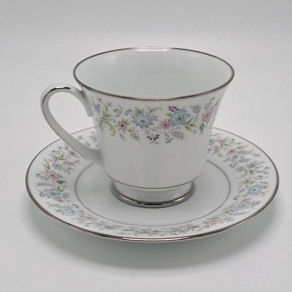 Noritake Blythe 2037 Fine China Cup Saucer Floral Design Silver Trim